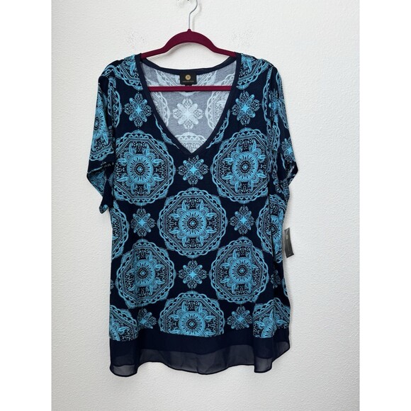 JM Collections Women’s V Neck Blue Short Sleeve Blouse Chiffon Layer Rayon 3X - Picture 1 of 11